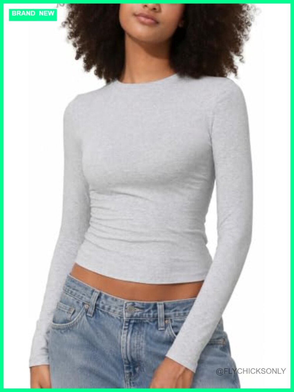 Womens Cotton Long Sleeve Crop Top Tight Fit Basic Y2K Crew Neck Pullover